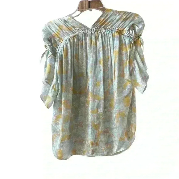 Vince Blouse Lotus Ruched Silk Top Floral Print Aqua Pink Yellow Size XS/S - Picture 6 of 10